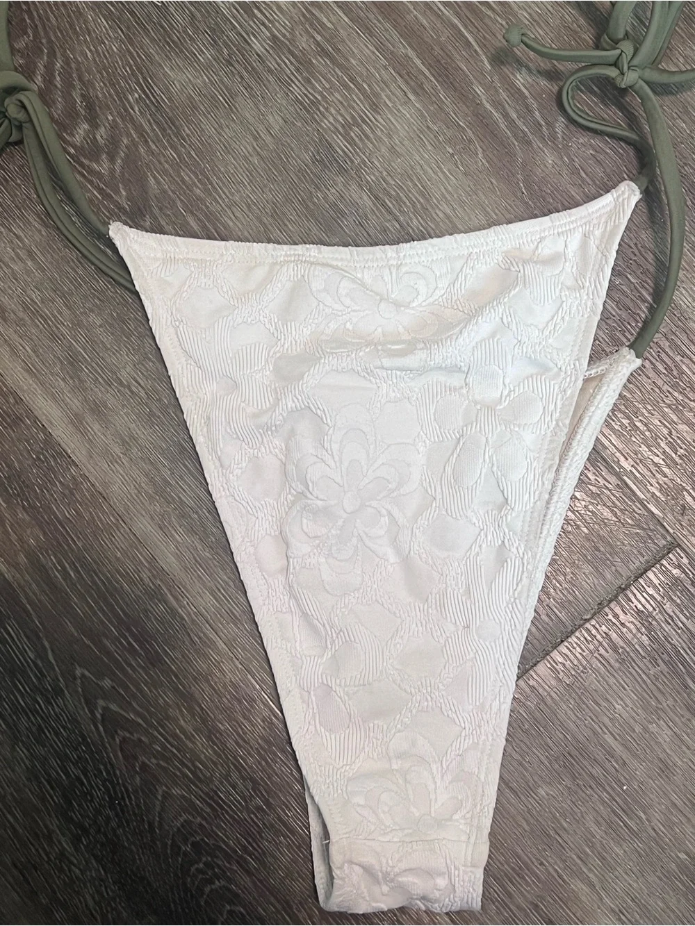 Free People White Floral Textured Triangle Bikini with Olive Tie Straps